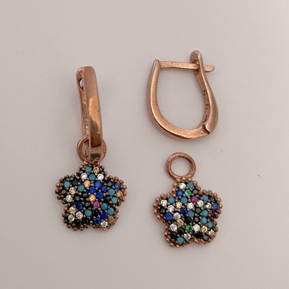 Flower earrings 925 silver dangle hoop cz cubic zirconia and turqoise stones